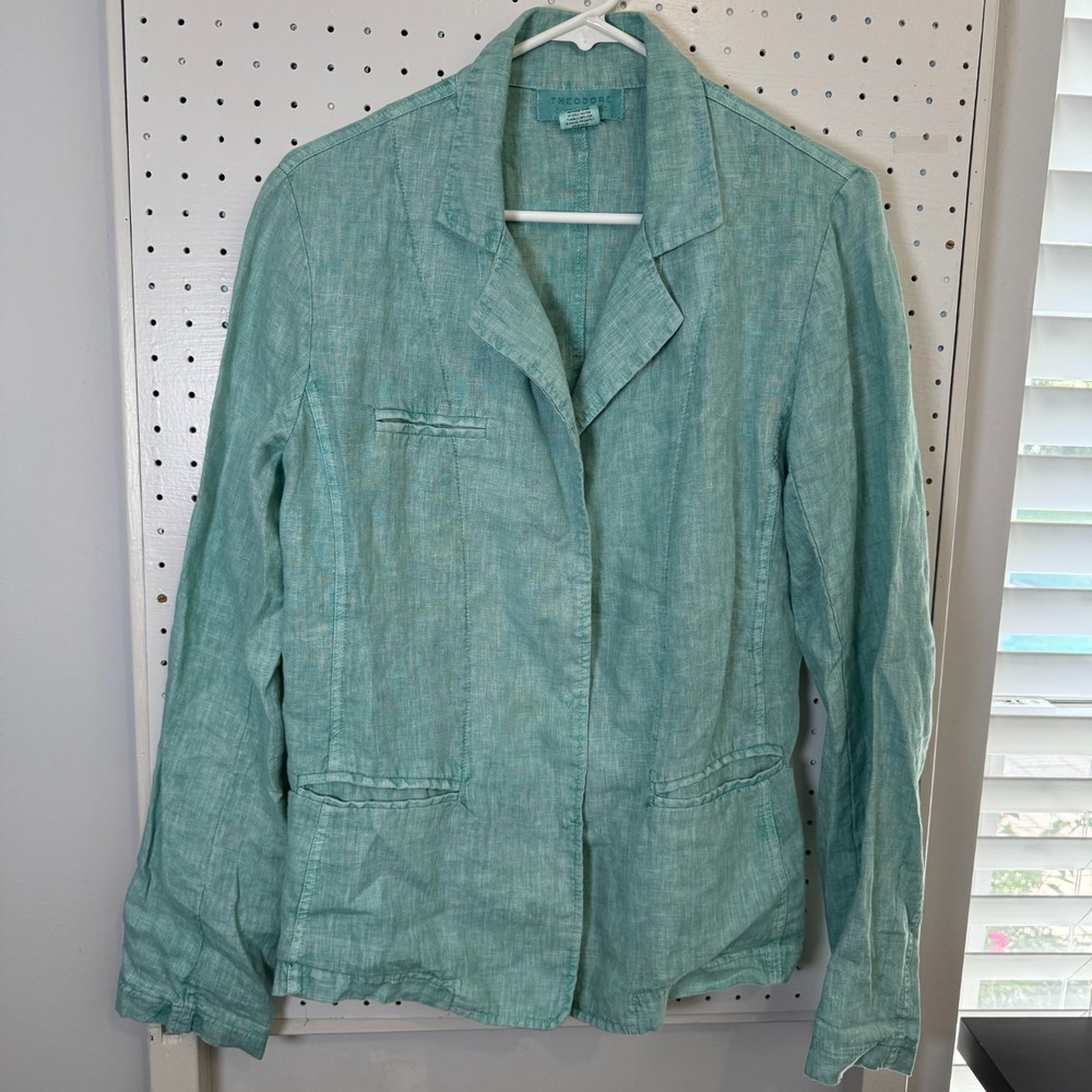 Theodore Beverly Hills Blazer Jacket Womens Medium Teal Green Snap‎ Front Linen